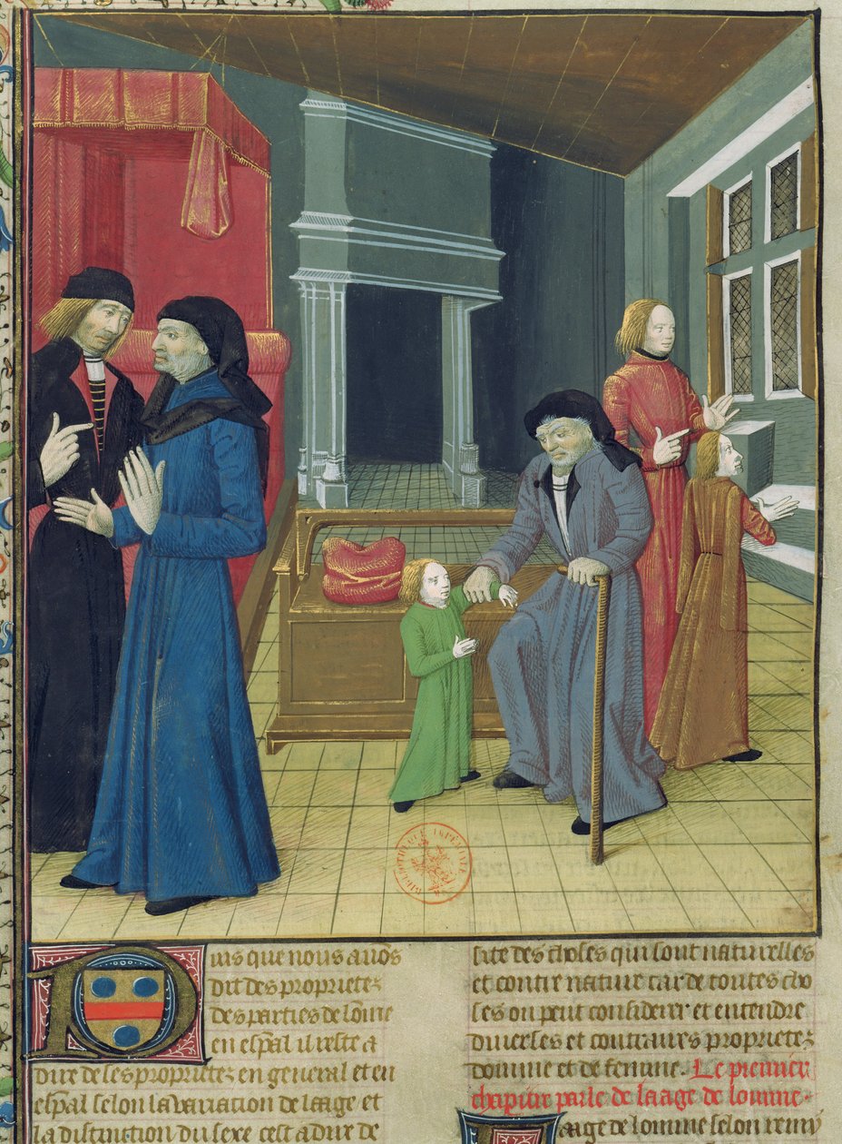 Ms.Fr.9140 fol.102v. Šest věků člověka z knihy Le Livre des Proprietes des Choses od Barthelemyho lAnglais. od French School