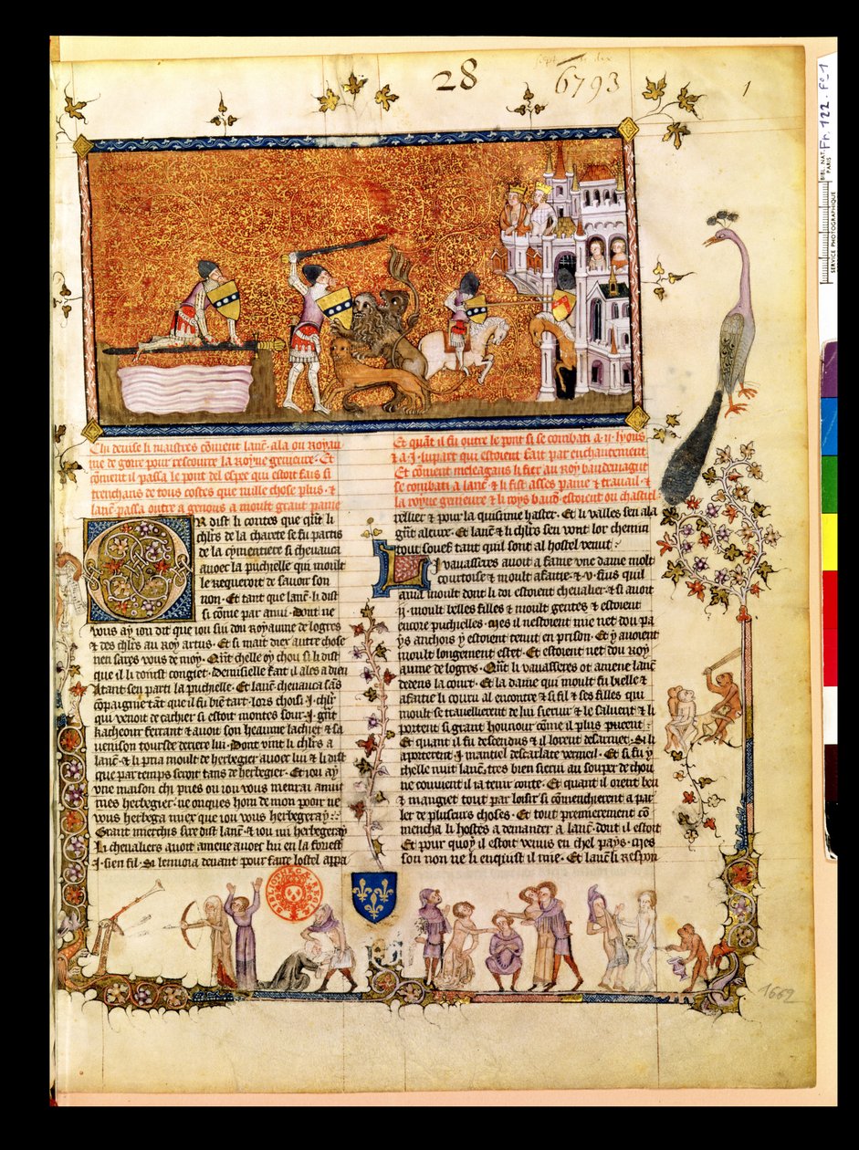 Paní Fr 122 f.1 Sir Lancelot překračuje Mečový most z římského de Lancelot du Lac, 1344 od French School