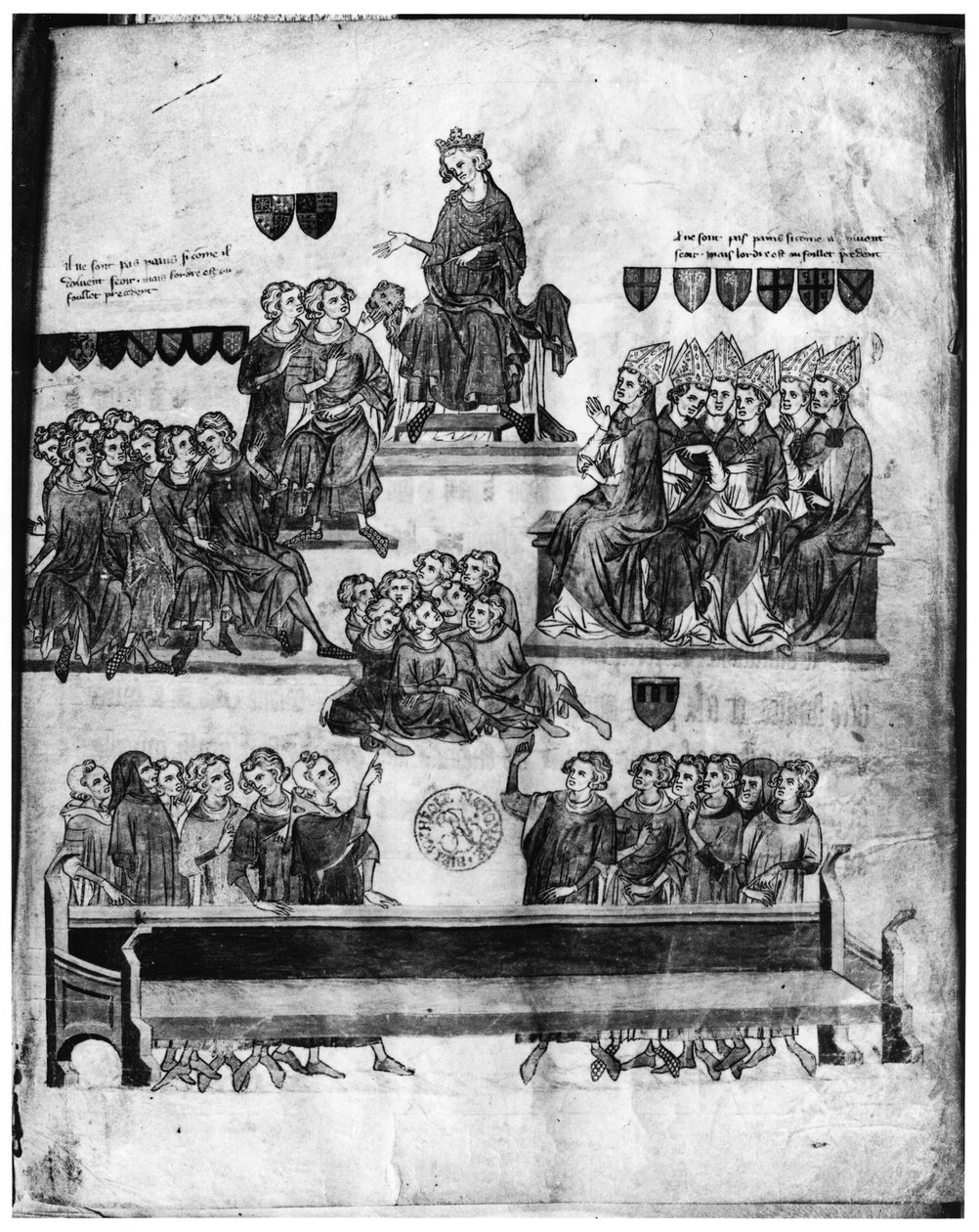 Paní Fr. 18437 fol. 2 Court of the Peers, kterému předsedal Philippe VI (1293-1350) z Proces de Robert III dArtois (1287-1342) comte de Beaumont, 1336 (viz také 85900) od French School