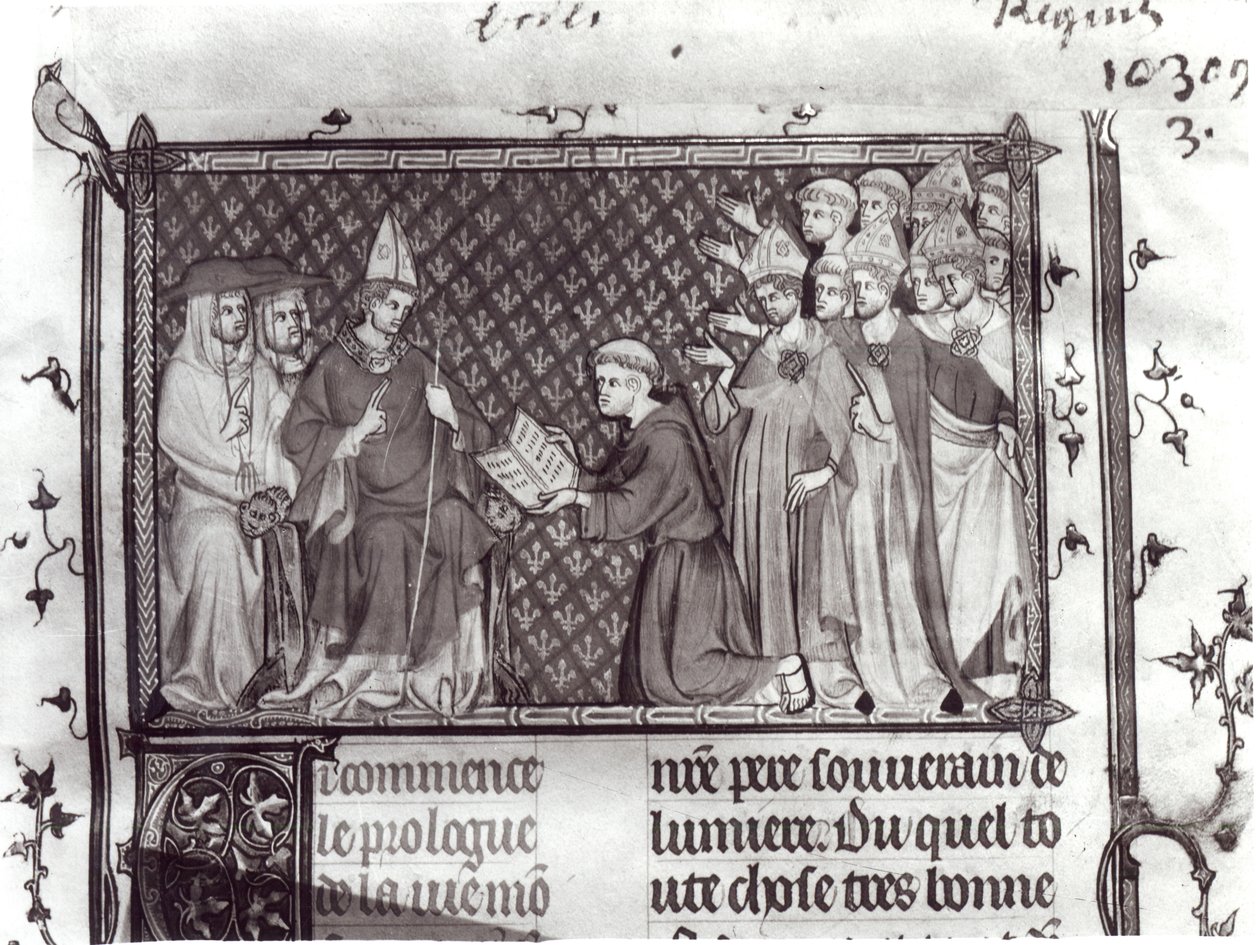 Paní Fr. 5716 f.2 Jean dAntioch před Martinem IV., z Život a zázraky sv. Ludvíka, kolem 1330-40 od French School