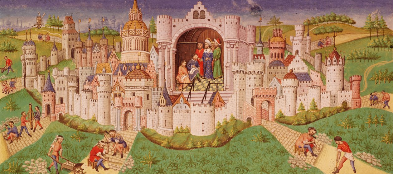 Paní 0242 f.48v Pohled na město s dělníky, kteří dláždí cesty vedoucí k městským branám dlážděním, zatímco král stojí v komnatě a diktuje dvěma písařům od French School
