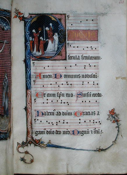Iniciála Ms 103 Historiate „P“ zobrazující přijímání během mše (vellum) od French School