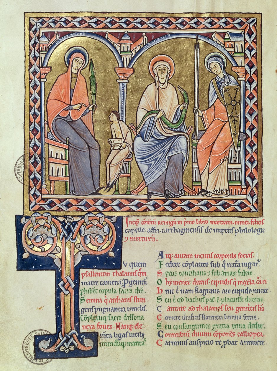 Ms 1041 f.1v Gramatika, dialekt a rétorika ze Satyricon od Martiana Capelly, kolem 1200 od French School