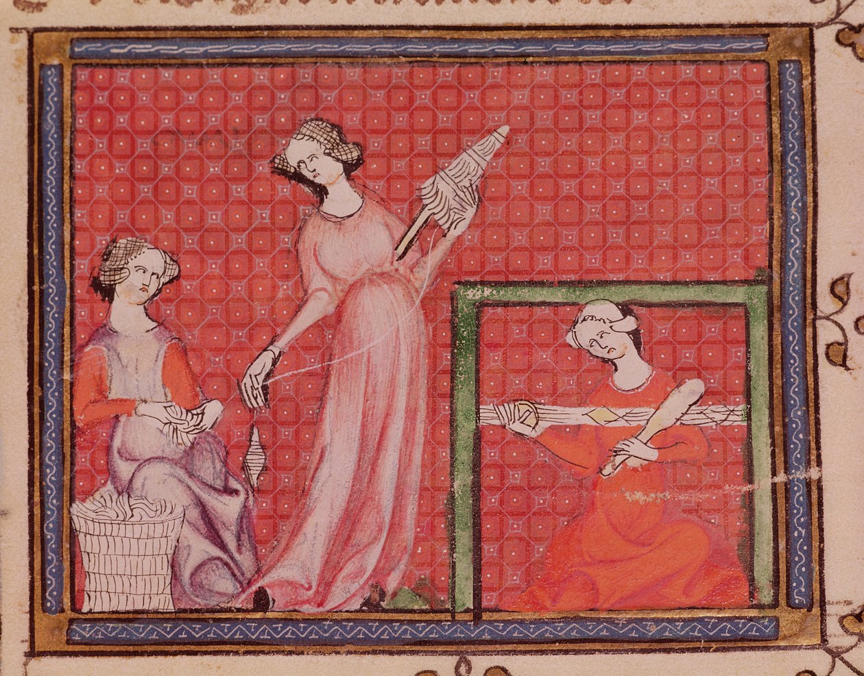 Ms 1044 f.101 Women Spinning Wool, od Ovide Moralise napsal Chretien Legouais od French School