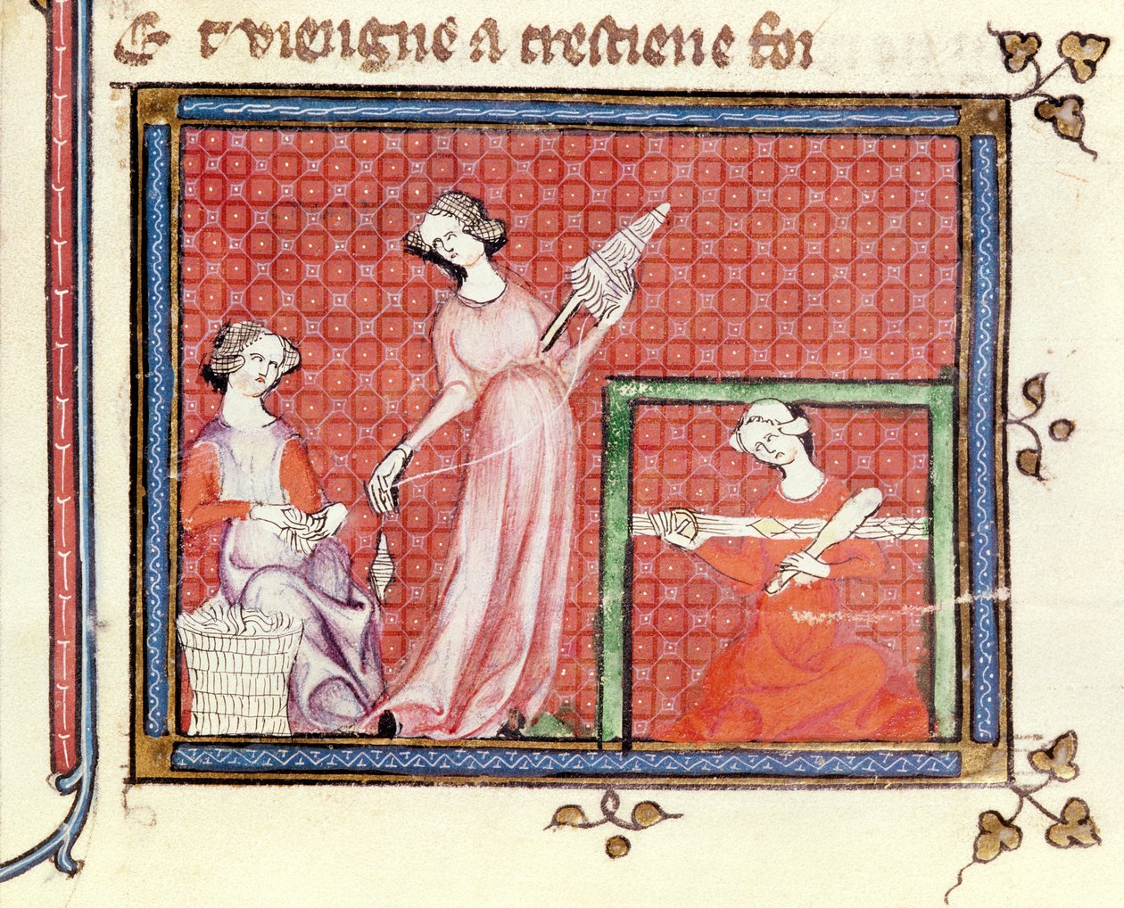 Ms 1044 fol. 101 Silná žena Písma točící se se svými služebníky, z Ovide Moralise napsal Chretien Legouais od French School