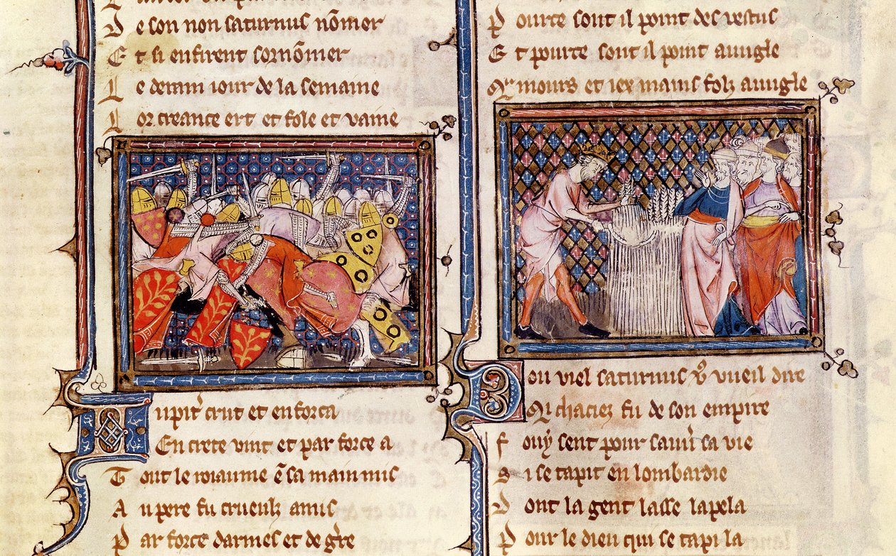 Ms 1044 fol.20 Jupiter versus Saturn: Saturn učí Langobardy, jak používat srp, z Ovide Moralise napsal Chretien Legouais od French School