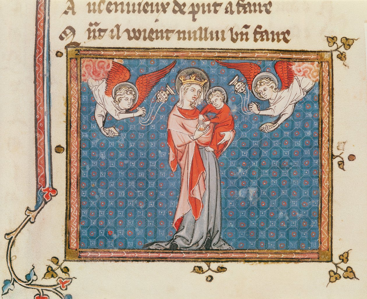 Ms 1044 fol.68v Panna a dítě s anděly nesoucími kadidelnice, z Ovide Moralise napsal Chretian Legouais od French School