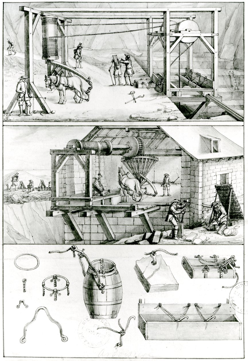 Ms 1064 fol. 8 Břidlicový lom, z Descriptions des Arts et Metiers od French School