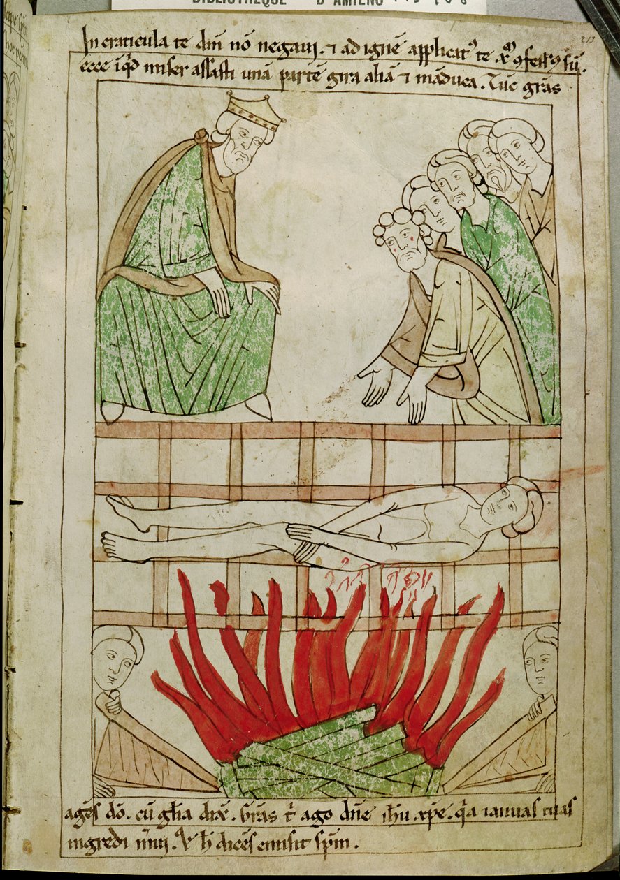 Ms 108 fol. 213 Umučení sv. Vavřince v roce 258 n. l., z Bible od French School