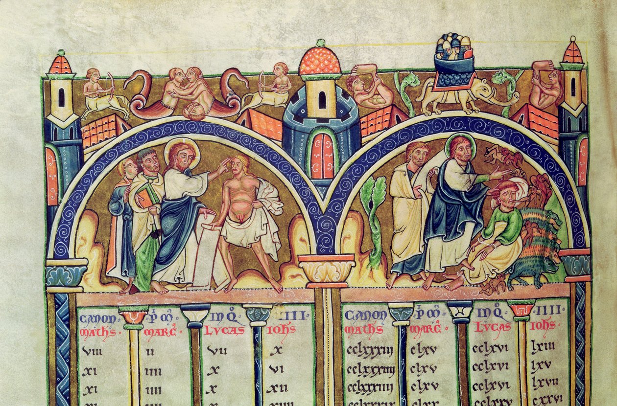 Ms 10 f.128v Canon of the Evangelists, detail znázorňující Krista uzdravujícího muže s vodnatelností a vyhánění démonů z posedlého muže, z latinské Bible od French School