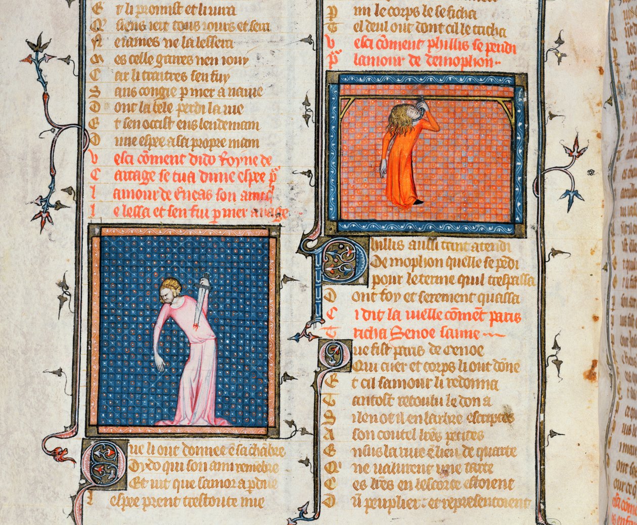 Ms 1126 Sebevražda Dido mečem a sebevražda Phyllis oběšením, z knihy Le Roman de la Rose od Guillauma de Loris a Jeana de Meung, asi 1360-70. od French School