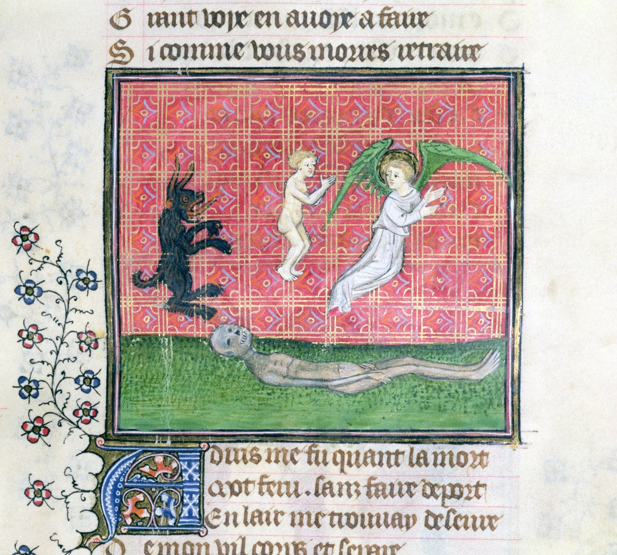 Ms 1130 Soul opouštějící tělo v doprovodu anděla, miniatura z Le Livre des Proprietes des Choses od Barthelemyho lAnglaise od French School