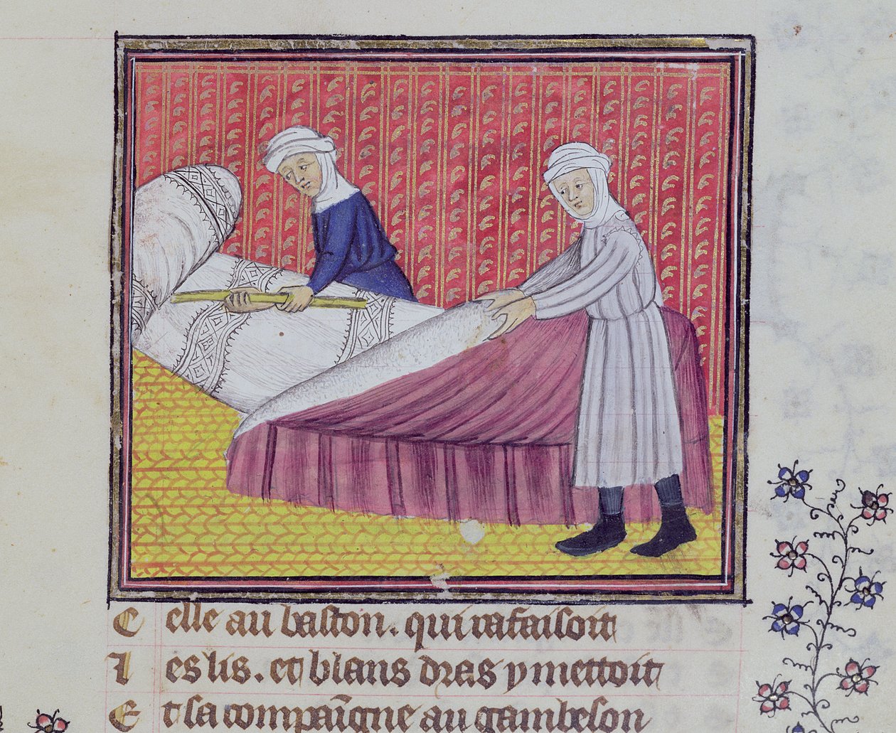 Ms 1130 fol.83r Cudnost a chudoba ustlání postele, z Le Roman des Trois Pelerinages od Guillaume de Digulleville od French School