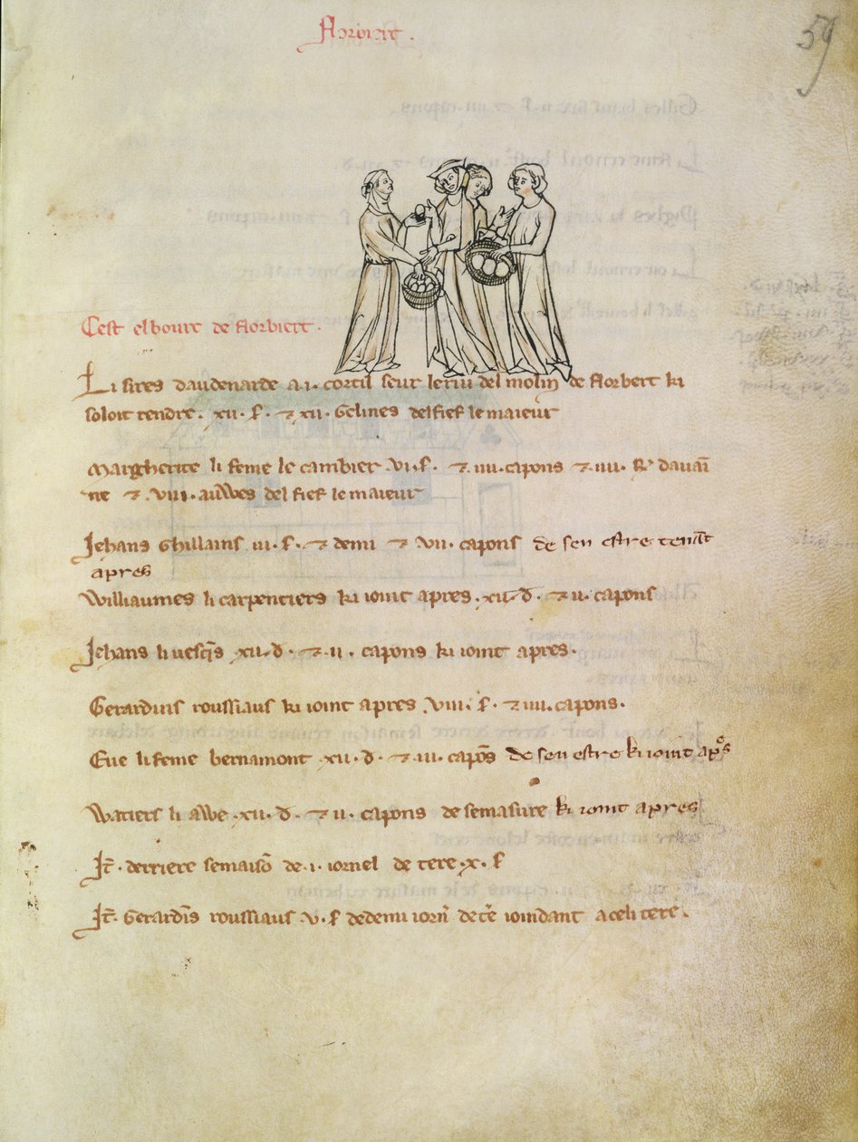 Ms 1175 f.59r Women Buying Eggs, od Vieil Rentier dAudenarde, 1291-1302 od French School