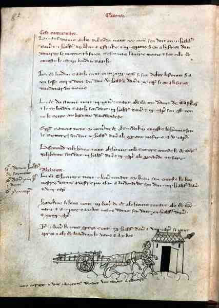 Paní 1175 f.8v Farmer s koněm a vozíkem, z Vieil Rentier dAudenarde, 1291-1302 od French School