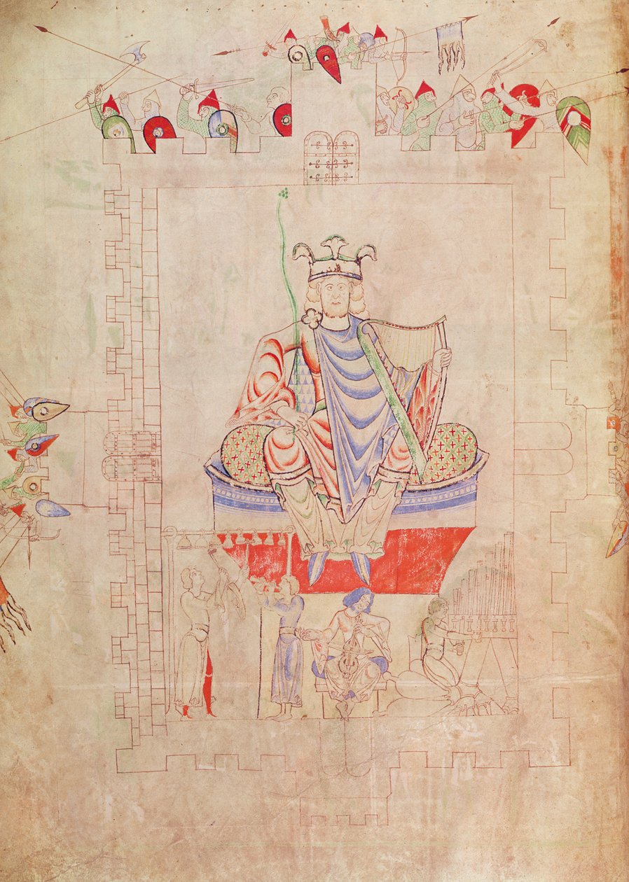 Paní 1215 t.3 fol.13v Král David ve majestátu v centru Jeruzaléma, 1109 od French School