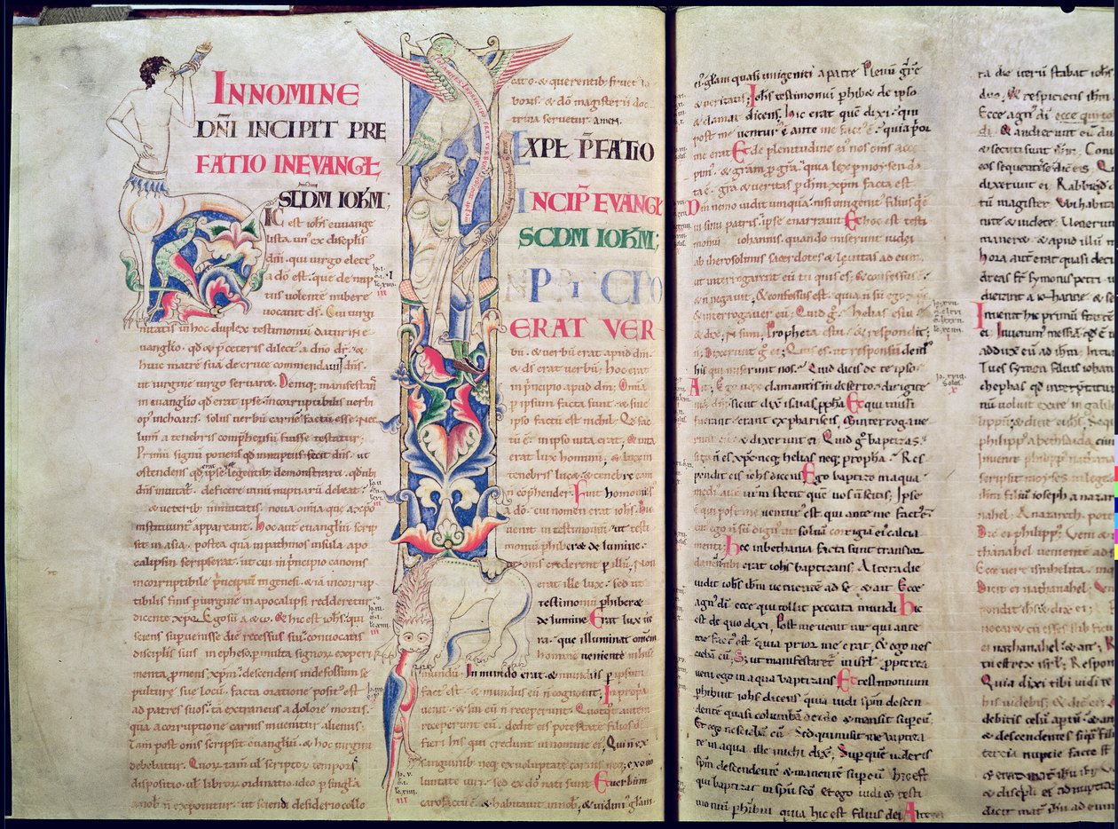 Ms 1215 t.4 f.56v Historická iniciála H zobrazující kentaura a historická iniciála I zobrazující orla svatého Jana umlčujícího kacíře Aria, z evangelia sv. Jana, Bible sv. Etienna Hara od French School