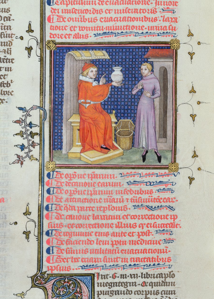 Ms 126 fol.200v Lékař provádějící analýzu moči z rukopisu Rhazese (Ibn Zakariya) (860-c.923) od French School