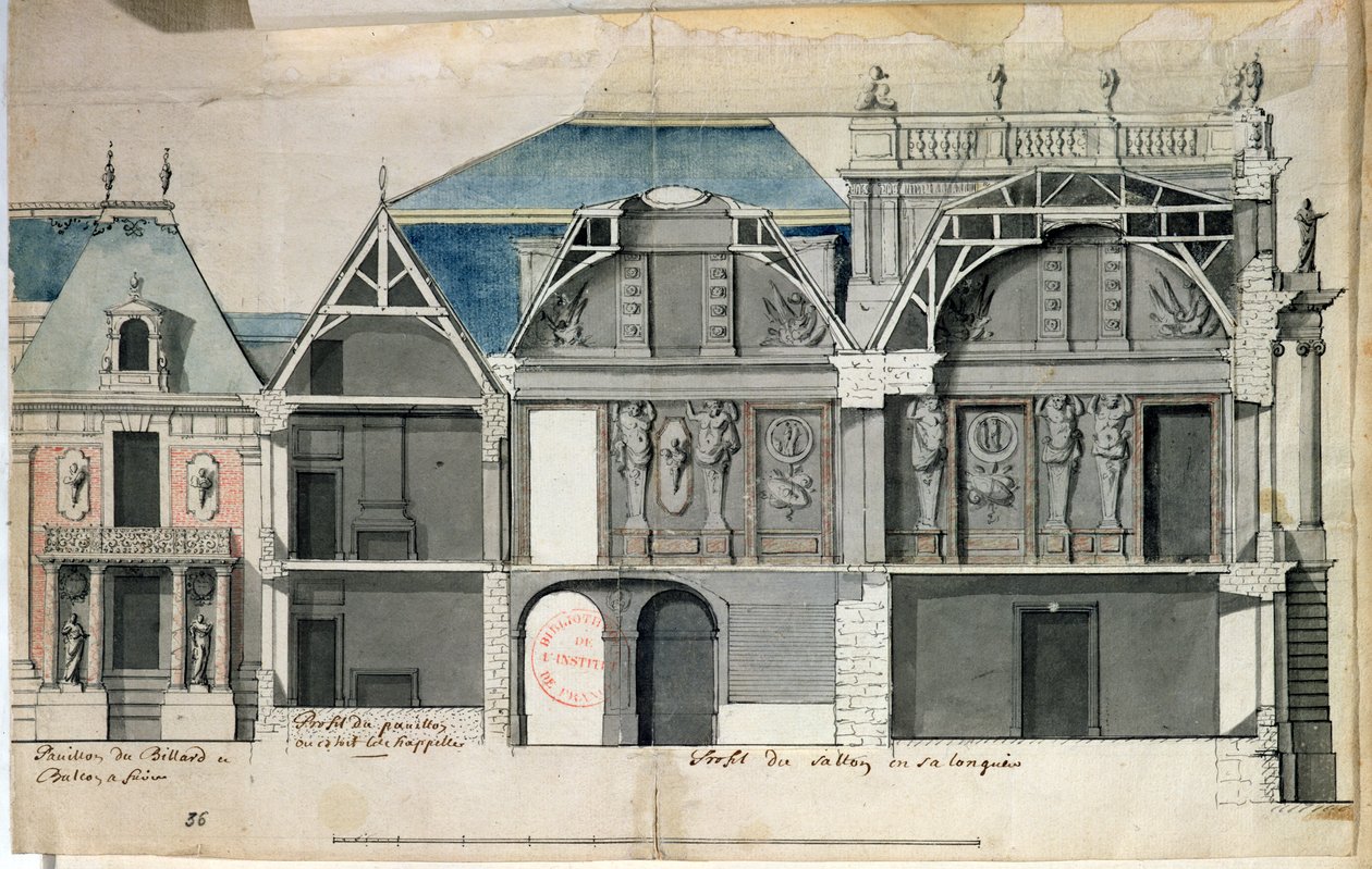 Ms 130736 Průřez křídlem zámku ve Versailles postaveného Louisem Le Vau ((1612-70) (wc na papíře) od French School