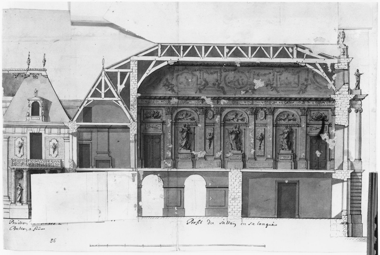 Ms 130736 Jih-severní řez Grand Salonem a Salle de Diane zámku ve Versailles postavený Louisem Le Vau ((1612-70) (wc na papíře) od French School