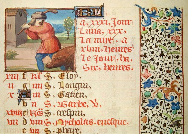 Ms 134 December: Slaughtering a pig, from Book of Hours od French School