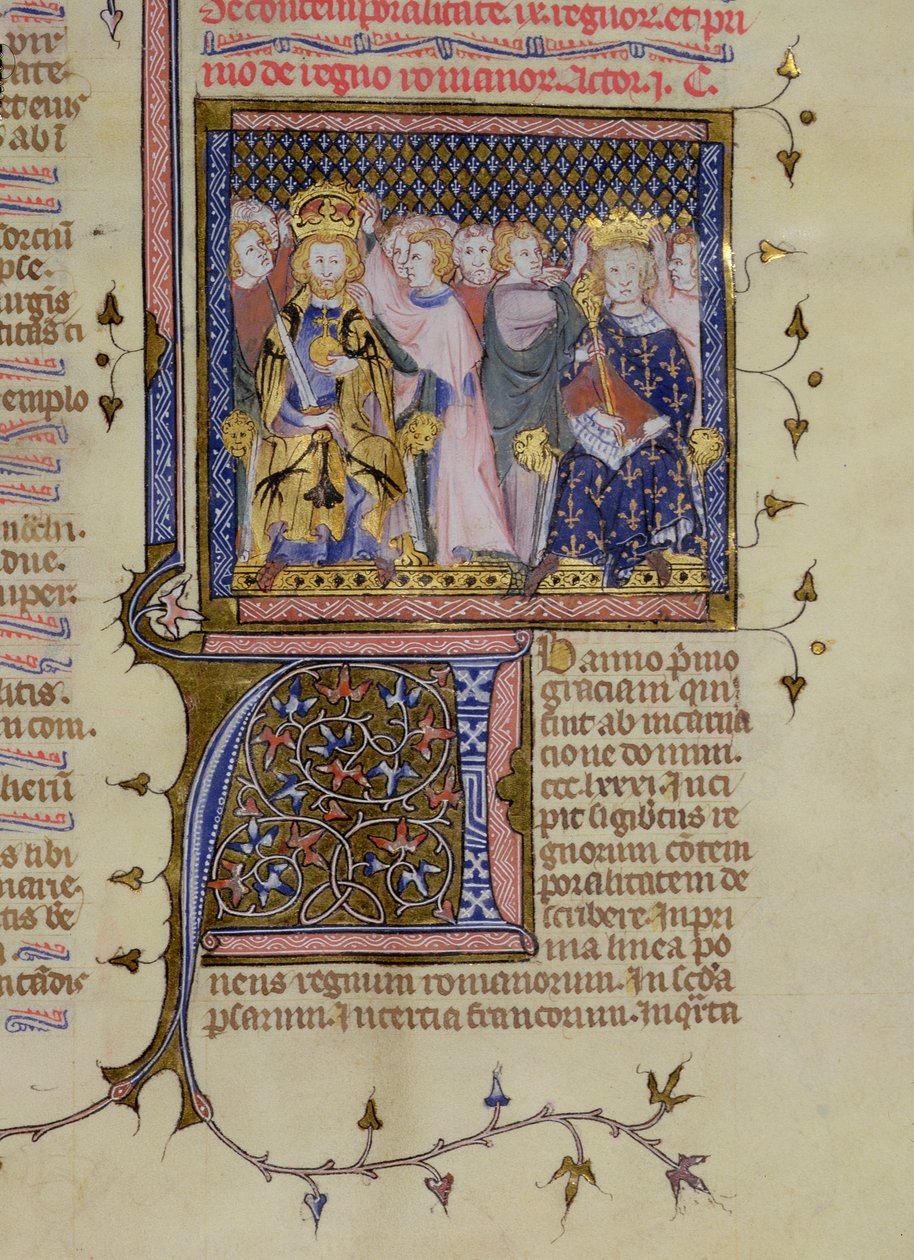 Ms 13. fol 232 Korunovace Ludvíka IX. (121415-70) a pravděpodobně Fridricha II. (1194-1250), ze žaltáře Pierra Lombarda, počátek 15. stol. od French School