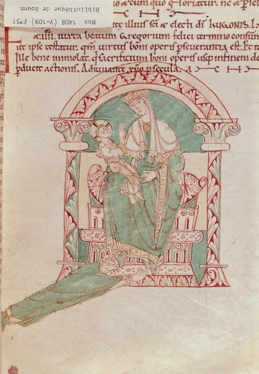 Ms 1408 fol.51 Panna s dítětem se svatým Řehořem Velikým (540-604) z knihy Sermons et Vies de Saints od French School
