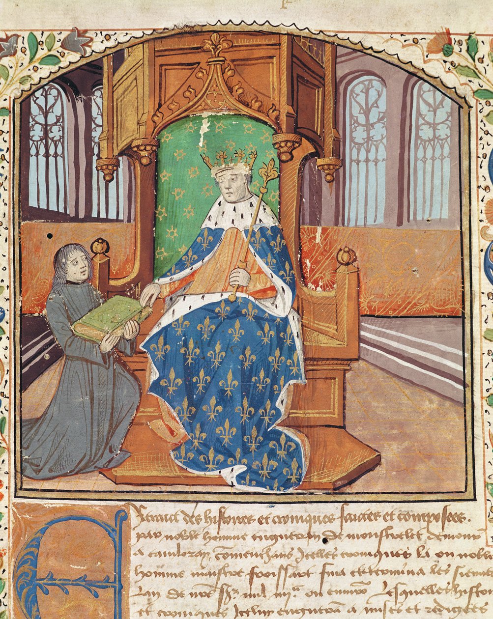 Ms 1468 fol.1 Autor nabízí svou knihu králi Karlu VII., z Les Chroniques de Monstrelet od French School