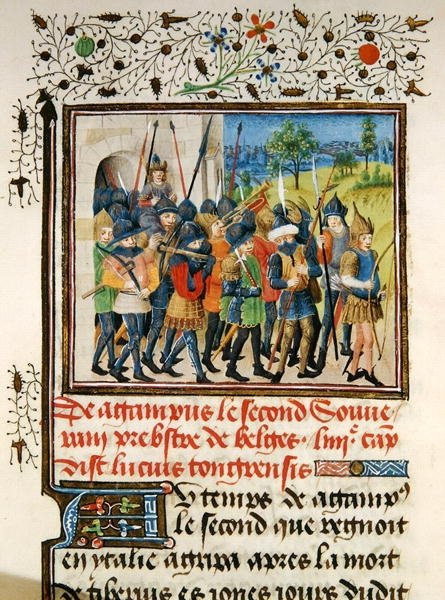 Ms 149 t.1 fol.45 Vojsko na tažení, z knihy Histoire des Nobles Princes de Hainaut od Jacquese de Guise. od French School