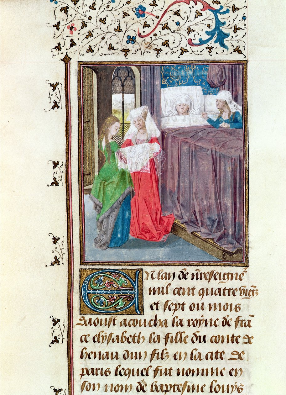 Ms 149 t.3 f.119 Narození Ludvíka (1187-1226) v roce 1187, z Histoire des Nobles Princes de Hainaut, Jacques de Guise od French School