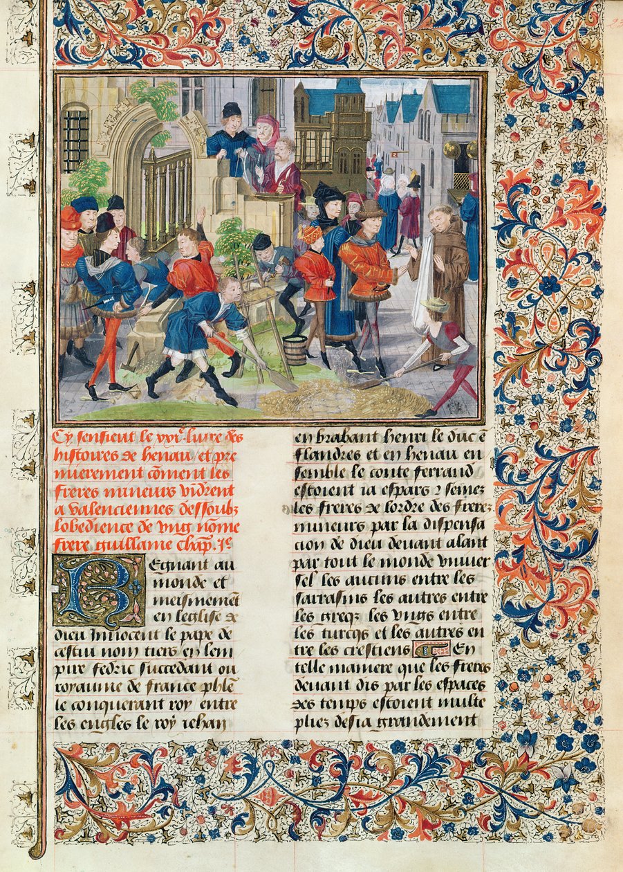 Ms 149 t.3 f.235 Budování základů kláštera nezletilých ve Valenciennes z Histoire des Nobles Princes de Hainaut, Jacques de Guise od French School