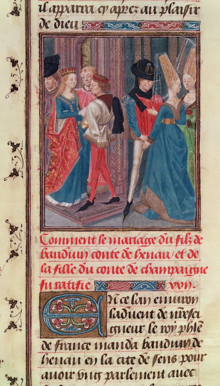 Ms 149 t.3 fol.105 Sňatek Balduina VI. a Marie, dcery hraběte ze Champagne, z Histoire des Nobles Princes de Hainaut, Jacques de Guise od French School