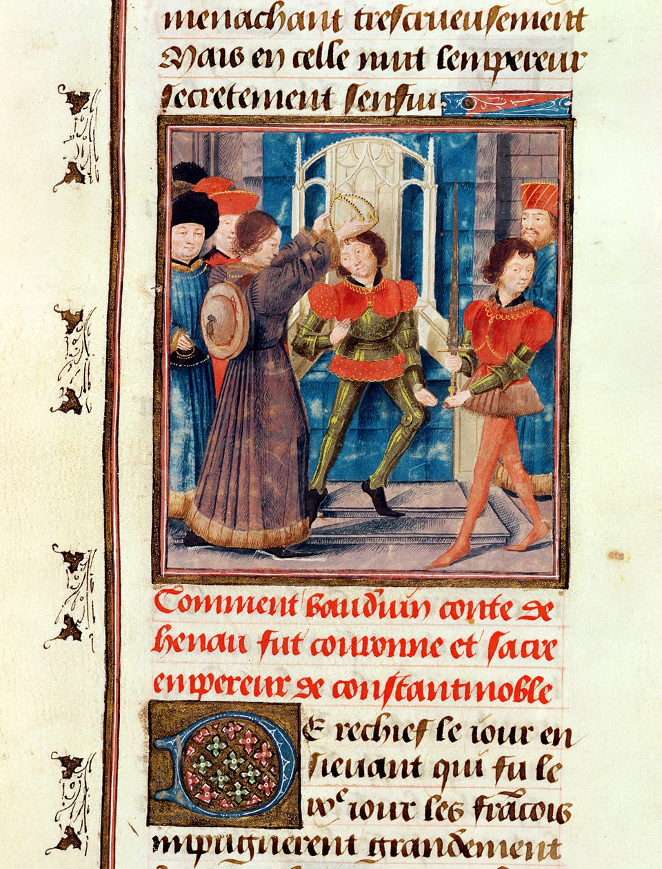 Ms 149 t.3 fol.183v Jak byl Baldwin I (1171-1205) šestý hrabě z Hainaut, korunován jako císař Konstantinopole v roce 1204, z Histoire des Nobles Princes de Hainaut, Jacques de Guise od French School