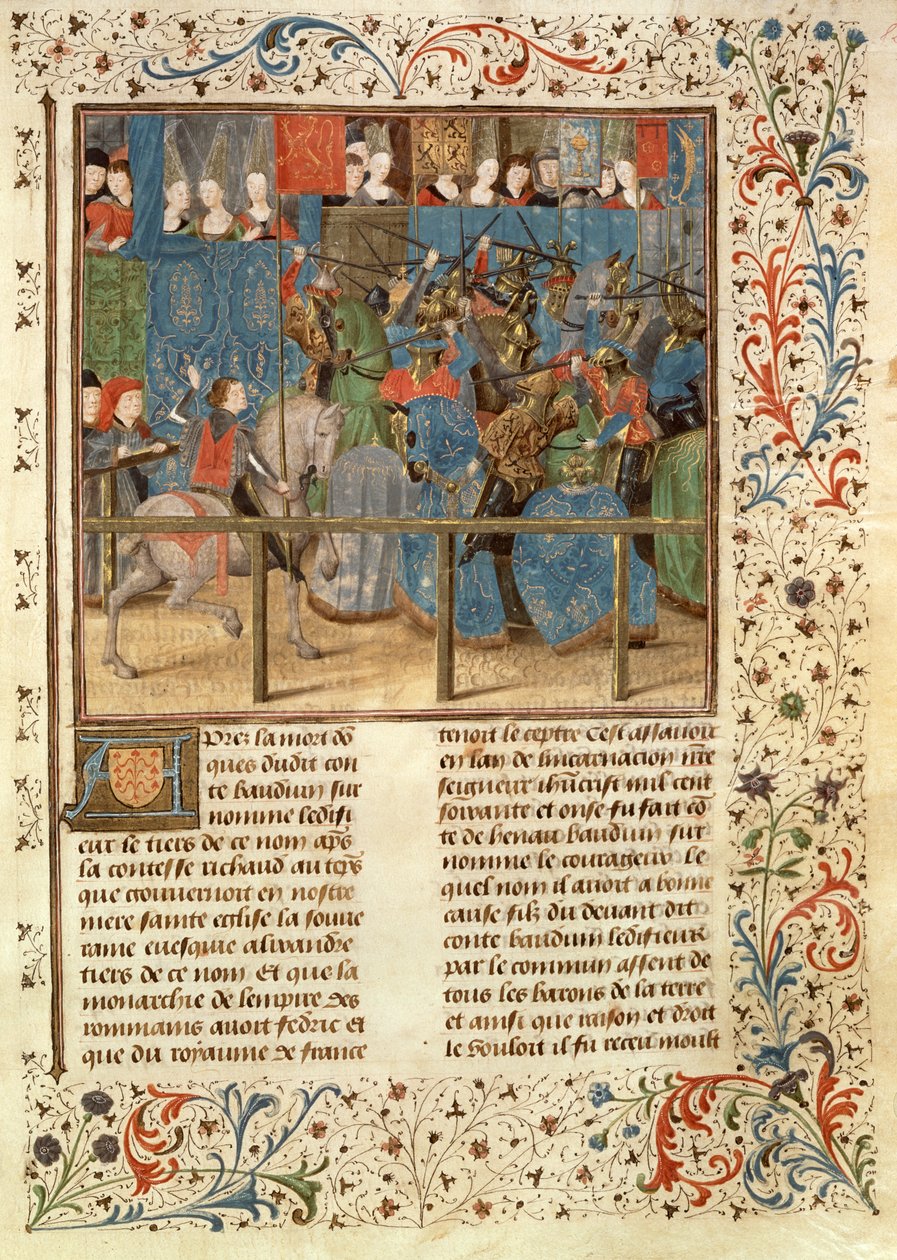 Ms 149 t.3 fol.82 Turnajová scéna, z Histoire des Nobles Princes de Hainaut, Jacques de Guise od French School