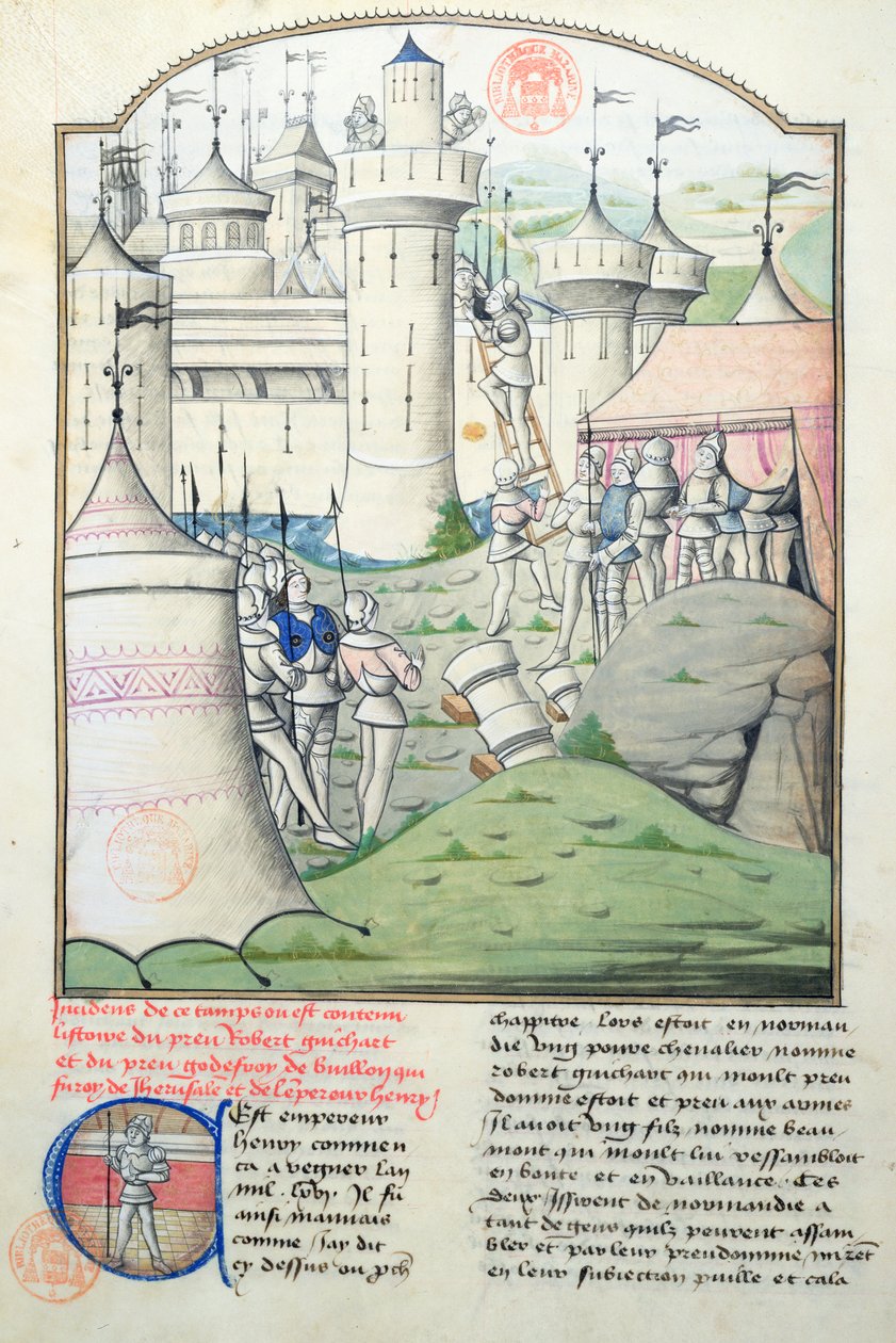 Paní 1560 Dobytí Jeruzaléma v roce 1099 Godfrey de Bouillon a křižáky během první křížové výpravy, miniatura z Fleur des Histoires od French School