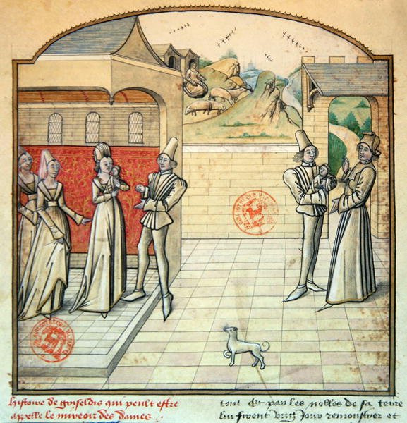 Paní 1560 Griseldis a její manžel markýz de Saluces, ilustrace z „Fleur des Histoires“, podle Giovanniho Boccaccia (vellum) od French School