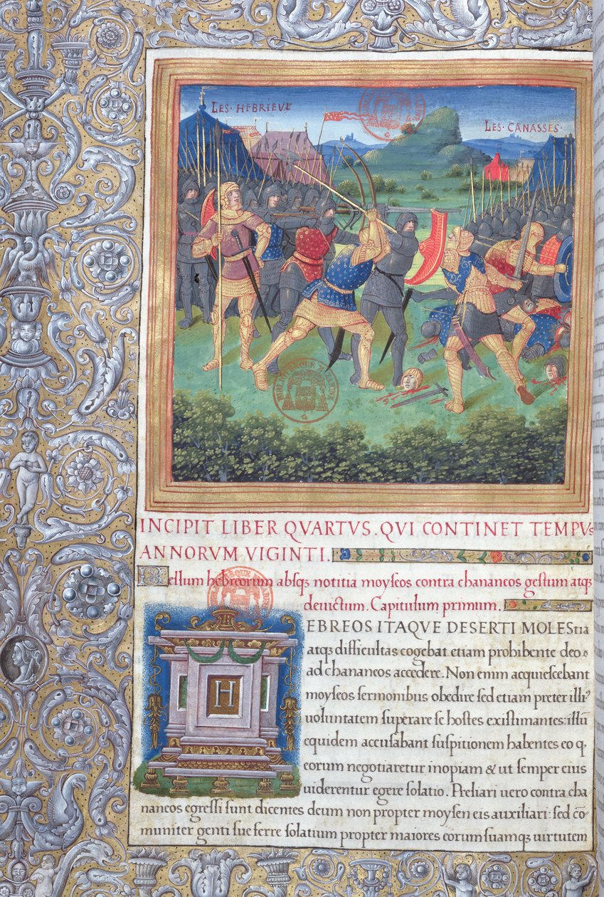 paní 1581 f. 071 Ilustrace z knihy IV (Od odmítnutí oné generace k Mojžíšově smrti), kapitola 1 Starožitnosti Židů (Antiquitates Judaicae) od Flavia Josepha - Boj o od French School
