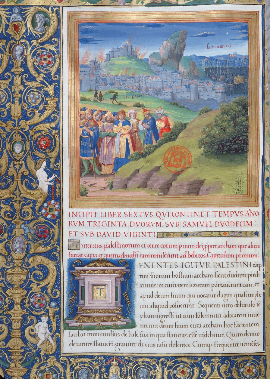 paní 1581 f. 108v Ilustrace z Knihy VI (Od smrti Eliho po smrt Saulovu), kapitola 1 Starožitnosti Židů (Antiquitates Judaicae) od Flavia Josepha – Zkáza, která cam od French School
