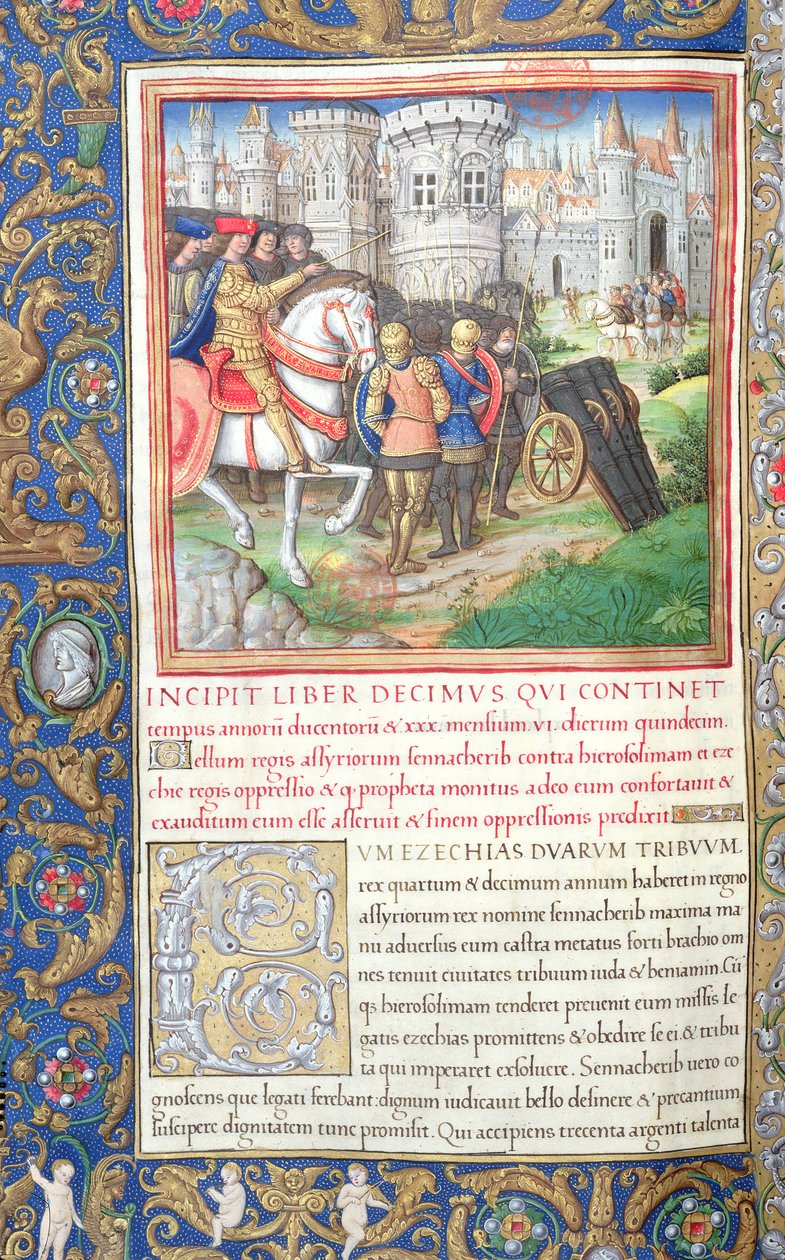 paní 1581 f. 195v Ilustrace z knihy X (Od zajetí deseti kmenů do prvního roku Kýra), kapitola 1 Starožitnosti Židů (Antiquitates Judaicae) od Flavia Josepha Sennace od French School