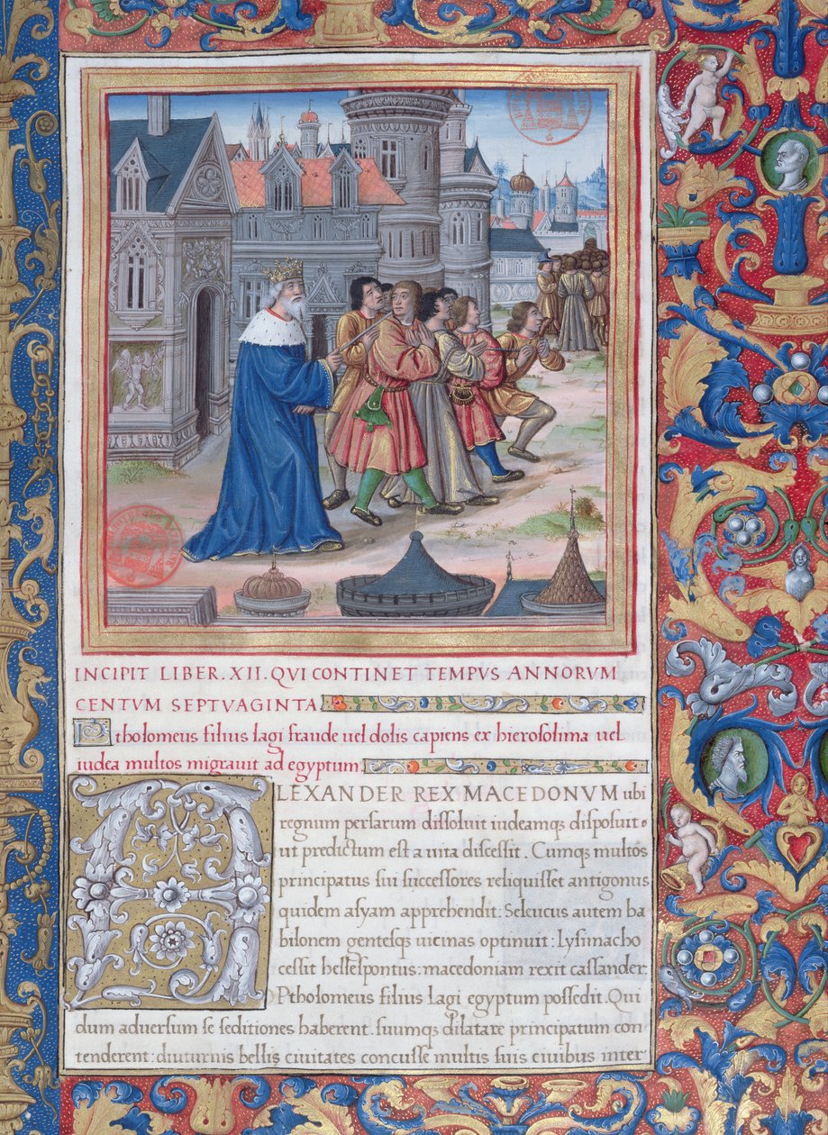 paní 1581 f. 228 Ilustrace z knihy XII (Od smrti Alexandra Velikého do smrti Jidáše Makabejského), kapitola 1 Starožitnosti Židů (Antiquitates Judaicae) od Flavia Josephu od French School
