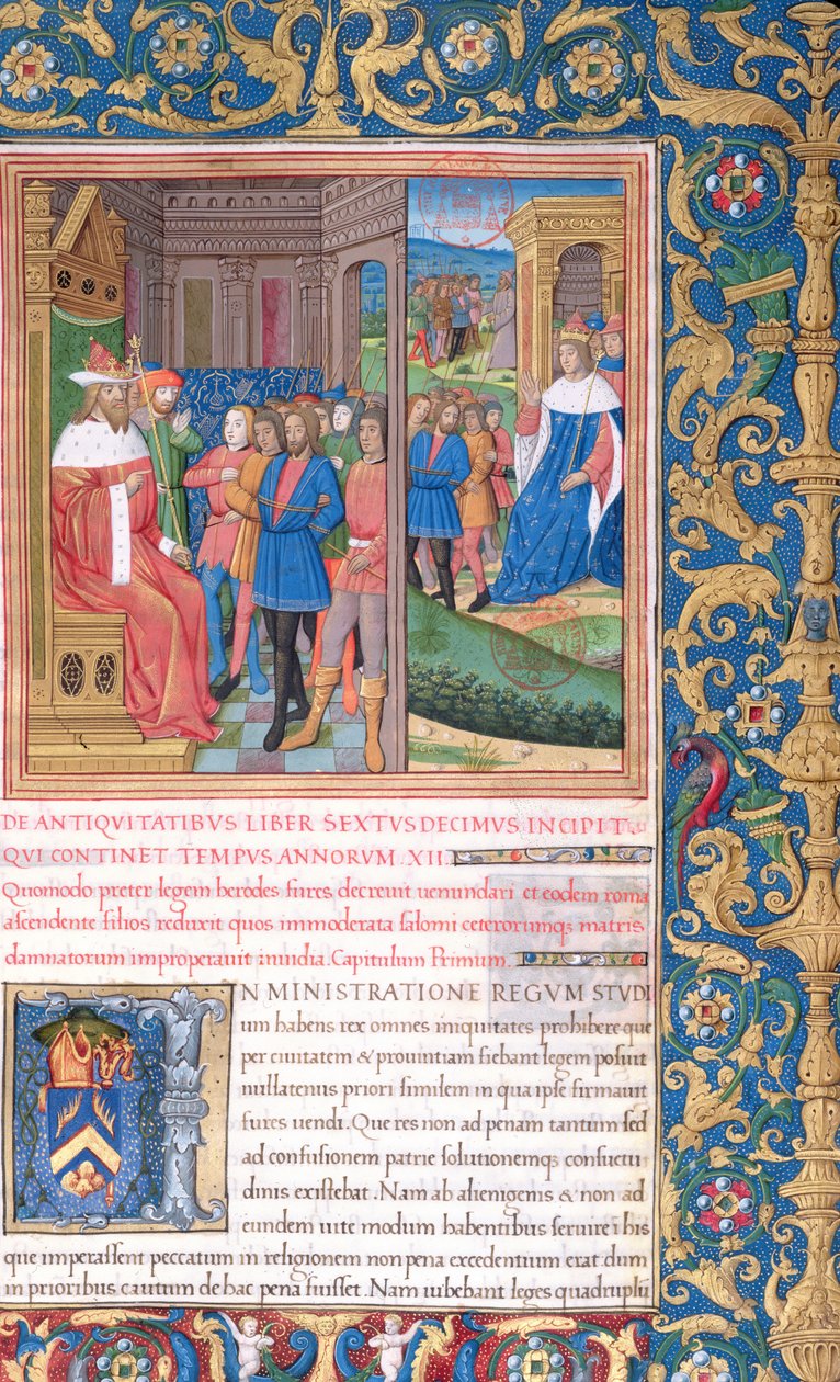 paní 1581 f. 311v Ilustrace z knihy XVI (Od dokončení chrámu Herodem po smrt Alexandra a Aristobula), kapitola 1 Starožitnosti Židů (Antiquitates Judaicae) od F. od French School