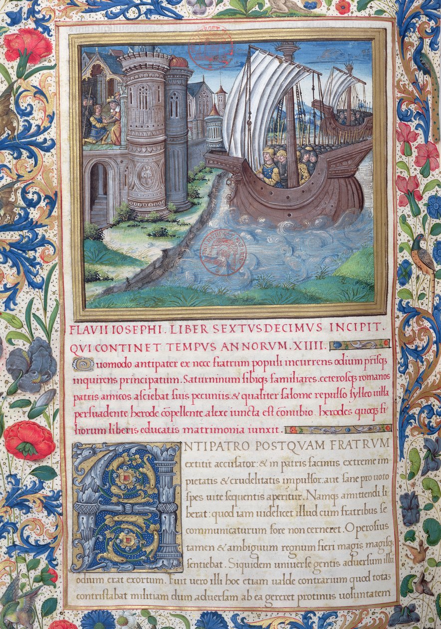 paní 1581 f. 326v Ilustrace z knihy XVI (Od dokončení chrámu Herodem po smrt Alexandra a Aristobula), kapitola 1 Starožitnosti Židů (Antiquitates Judaicae) od Fl. od French School