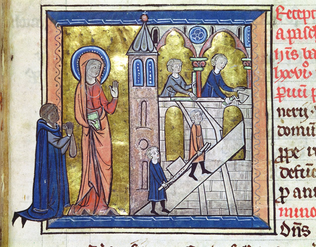 Ms 16261 f.20 Stavba opatství, z Censier de lAbbaye Sainte-Genevieve, 1270 od French School