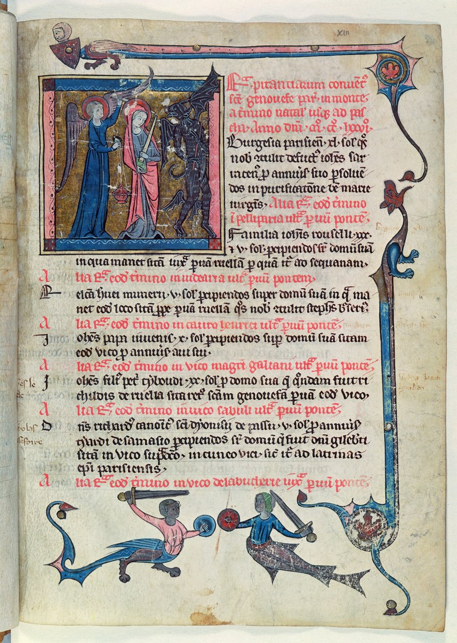 Ms 16261 fol.13v St. Genevieve bojující s démonem s pomocí anděla, z Censier de lAbbaye Sainte-Genevieve od French School