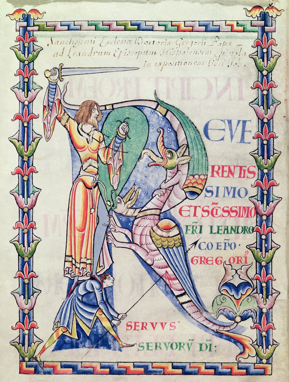 Ms 168 f.4v Historická iniciála R zobrazující rytíře bojujícího s drakem, z Moralia in Job od papeže Řehoře Velikého od French School