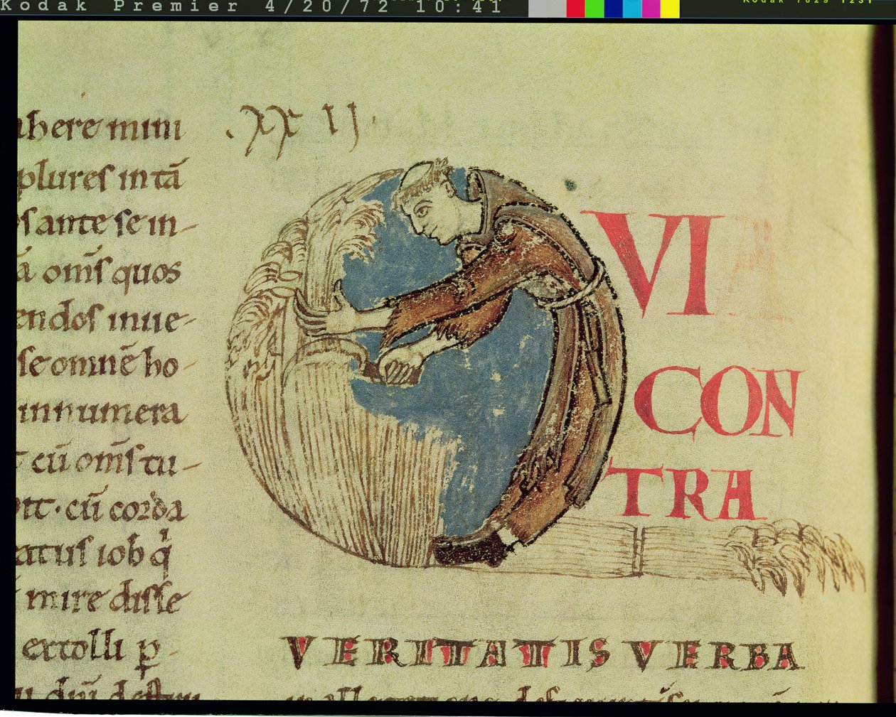 Ms 170 fol.75v Historická iniciála Q zobrazující cisterciáckého mnicha sklízejícího na polích, z Moralia in Job od papeže Řehoře Velikého od French School