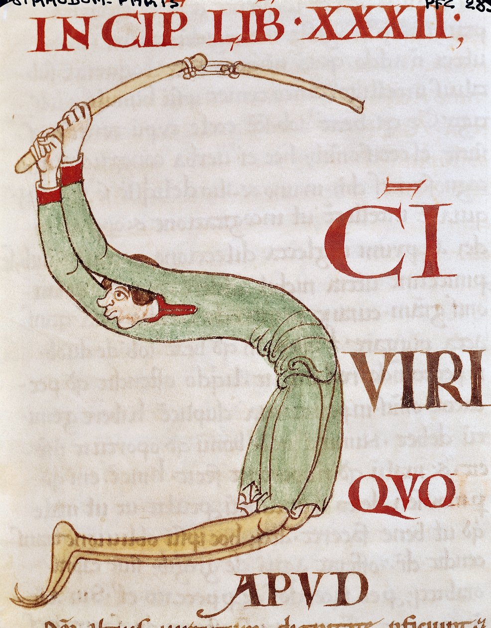 Ms 173 fol. 148r Historická iniciála S zobrazující muže mlátícího, z Moralia in Job od papeže Řehoře Velikého od French School