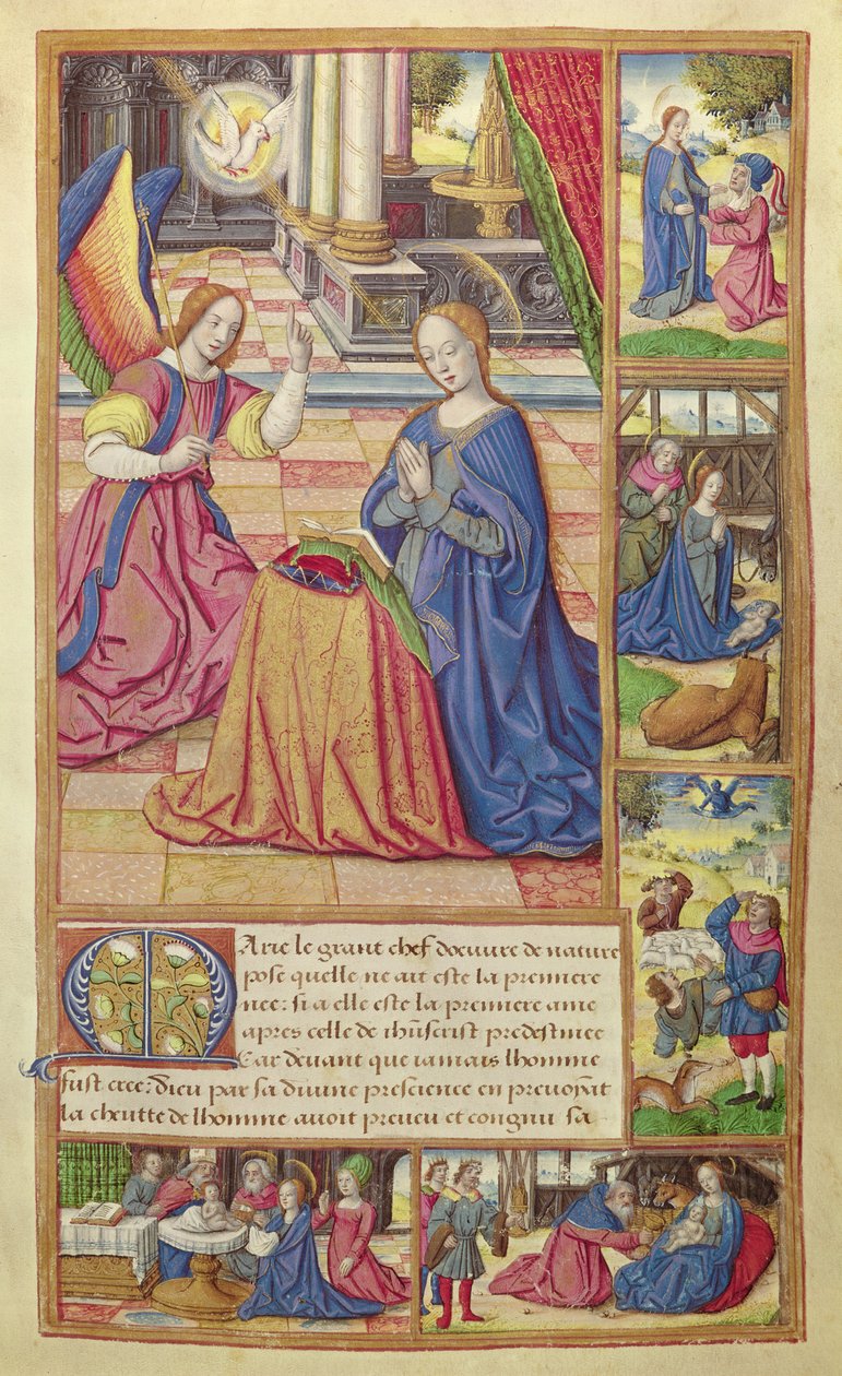 Ms 17 fol.2 Zvěstování a dětství Krista, z Vie des Femmes Celebres, kolem 1505 od French School