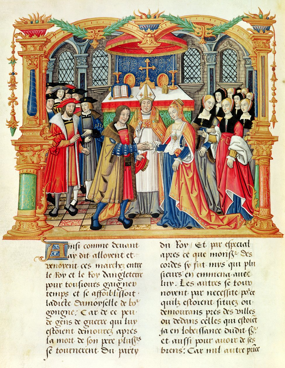 Ms 18 f.185v Sňatek Marie Burgundské a Maxmiliána I., rakouského císaře, z pamětí Filipa z Commines (1445-1509) od French School