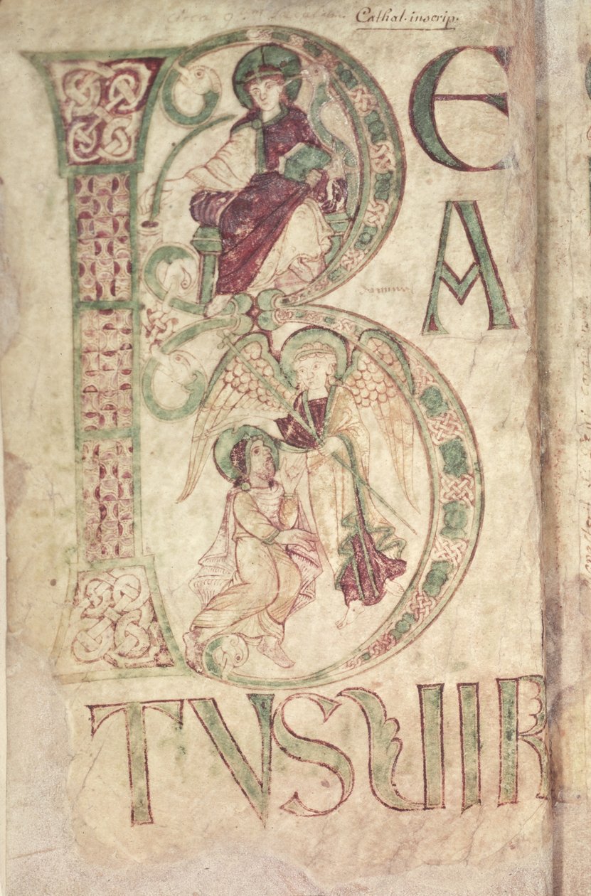 Ms 18 f.1v Historická iniciála B zobrazující svatého Jana Evangelistu a anděla, ze žaltáře z Corbie od French School